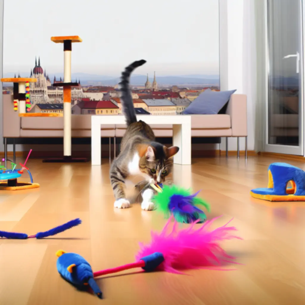 Macska interaktív játékkal játszik egy nappaliban