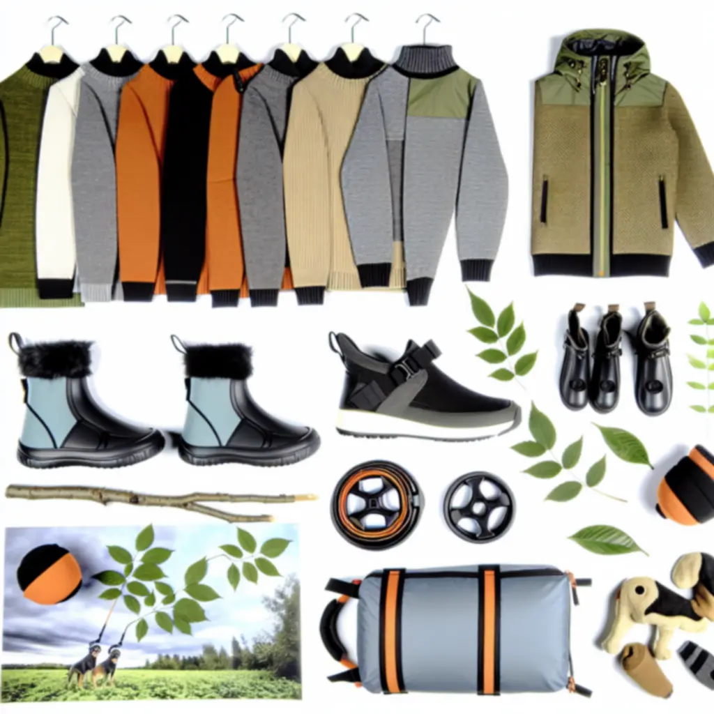 Kutyaruhák, esőkabátok és kültéri felszerelések rendezett válogatása