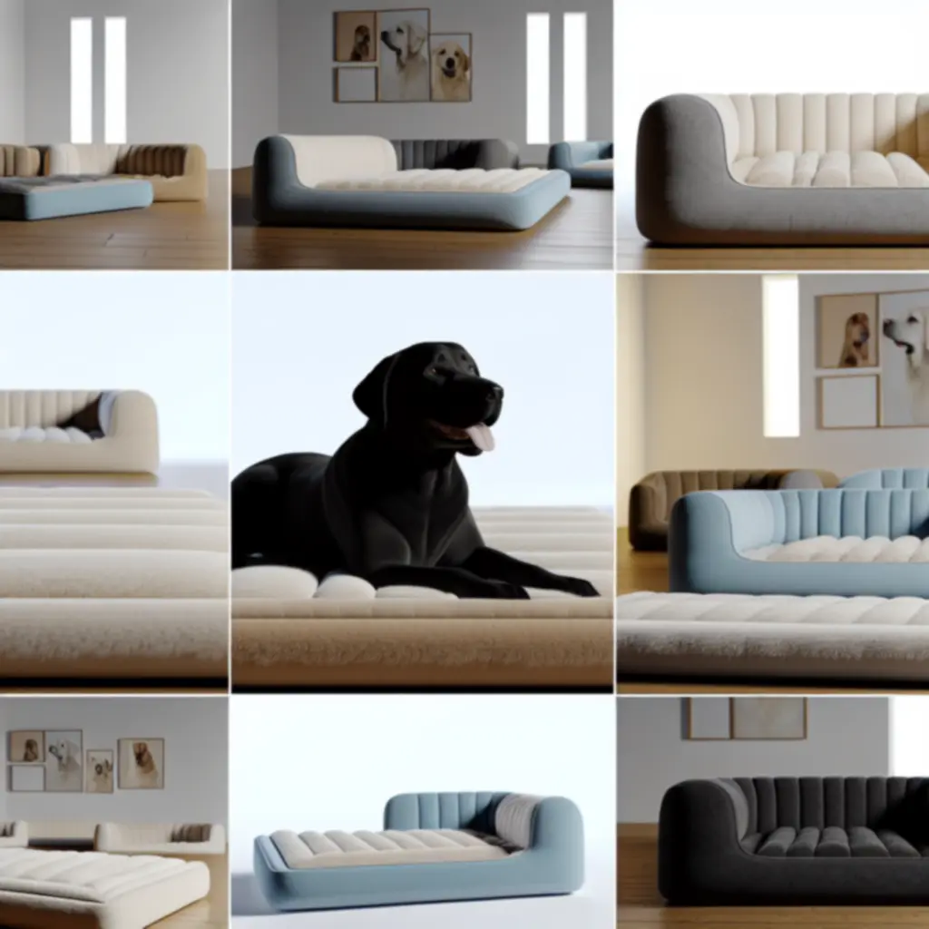 Különböző méretű és formájú kutyafekhelyek és matracok letisztult környezetben