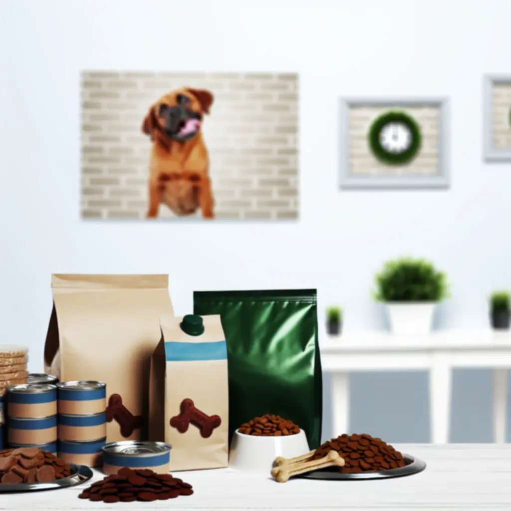 Kutyatápok és természetes jutalomfalatok válogatása tálkákban és csomagolásban