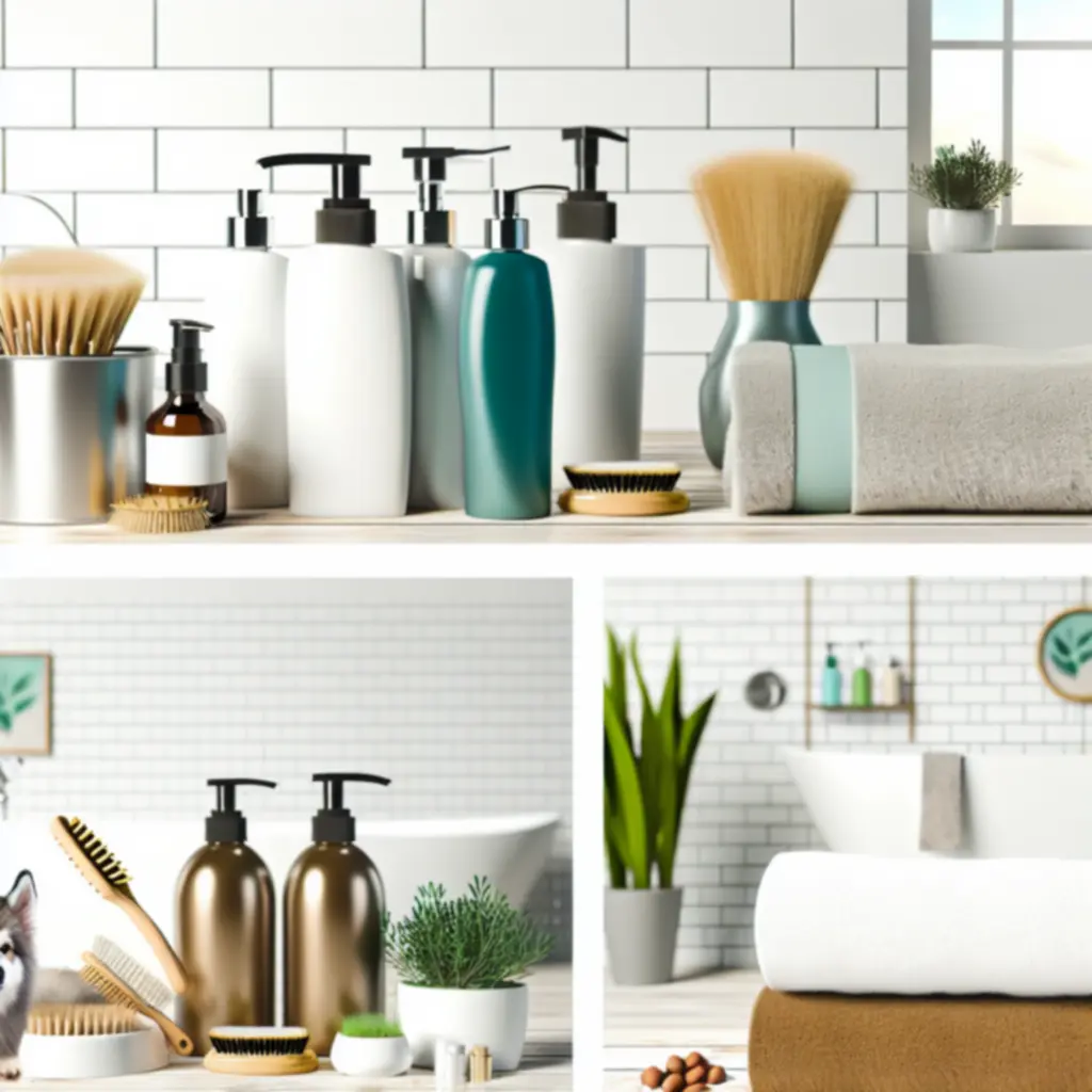 Kutyasamponok, kefék és higiéniai kiegészítők rendezett elrendezésben