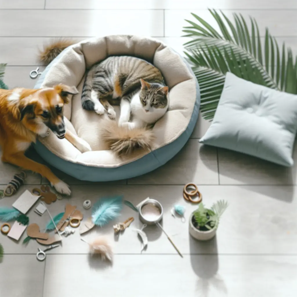 Mosolygó gazdi kutyával és macskával a Pet Magyar webáruház természetes hangulatú hátterében